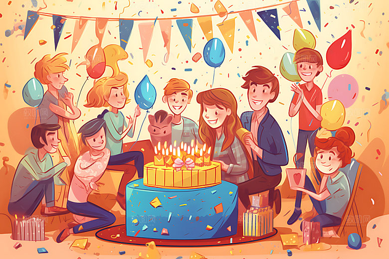 生日派对亲朋好友人物插画