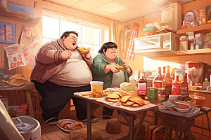 胖子吃东西健康宣传卡通插画