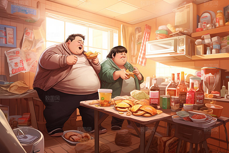 胖子吃东西健康宣传卡通插画