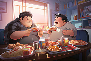 胖子吃东西手绘不健康饮食插画
