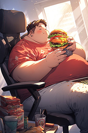胖子吃东西不健康饮食暴饮暴食插画