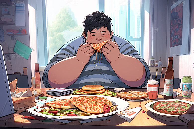 胖子吃东西暴饮暴食手绘插画