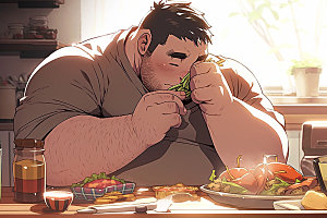 胖子吃东西不健康饮食卡通插画