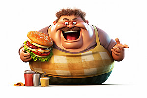 胖子吃东西不健康饮食手绘插画