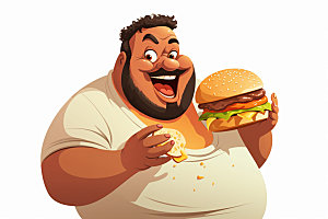 胖子吃东西暴饮暴食不健康饮食插画