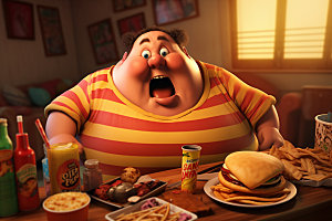胖子吃东西卡通不健康饮食插画