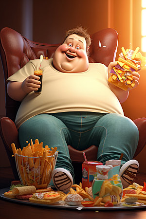 胖子吃东西不健康饮食手绘插画