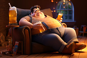 胖子吃东西不健康饮食卡通插画