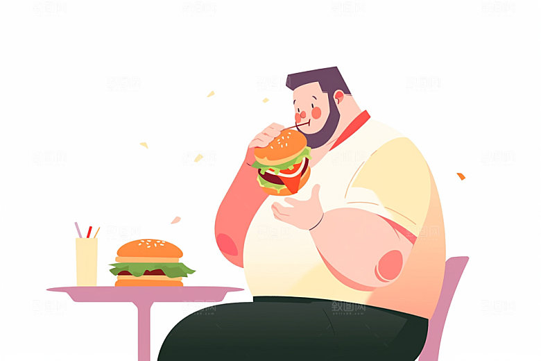 胖子吃东西暴饮暴食健康宣传插画