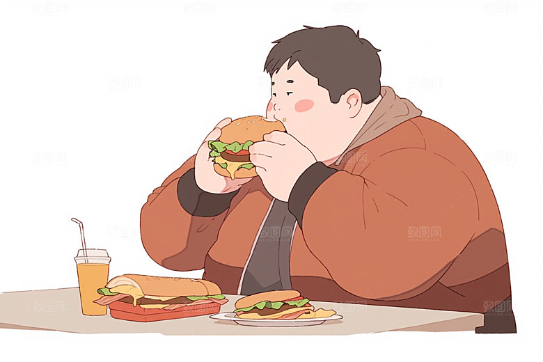 胖子吃东西健康宣传手绘插画