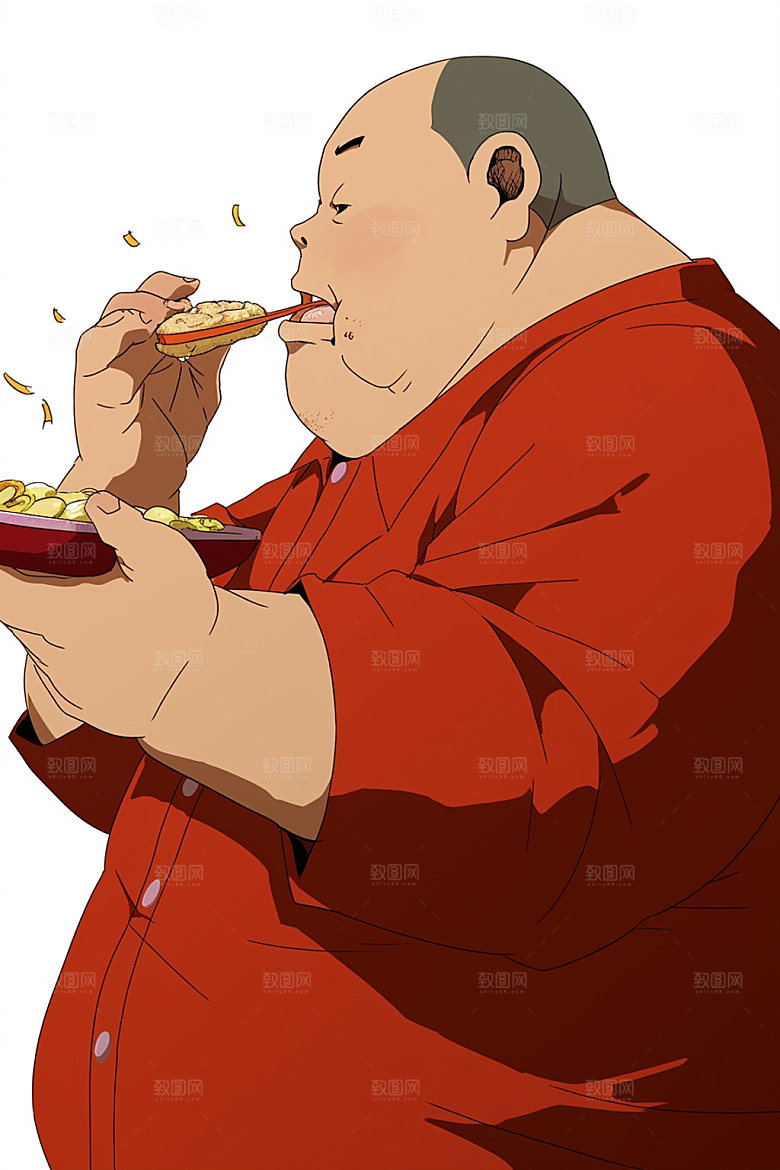 胖子吃东西暴饮暴食健康宣传插画