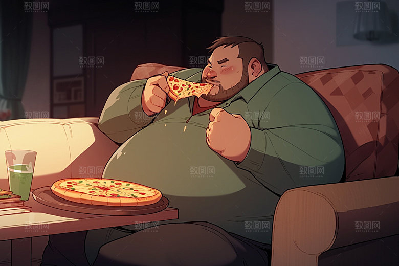 胖子吃东西暴饮暴食卡通插画