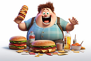 胖子吃东西不健康饮食健康宣传插画