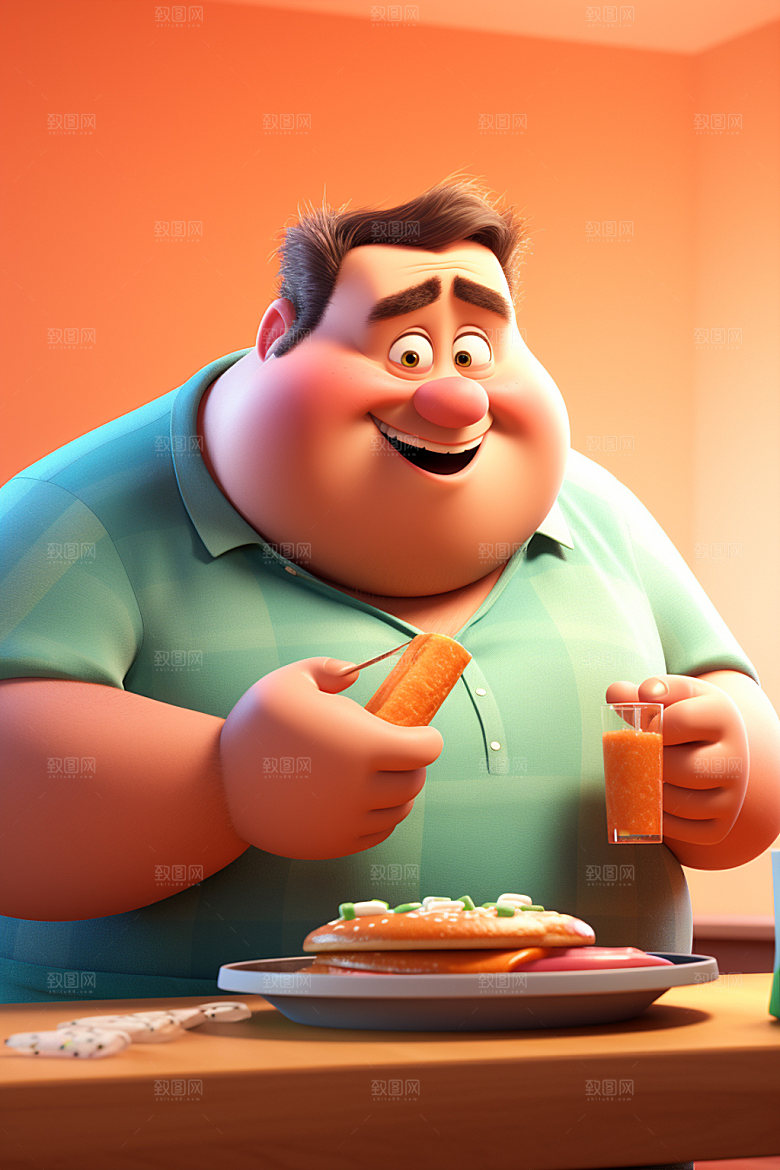 胖子吃东西手绘暴饮暴食插画