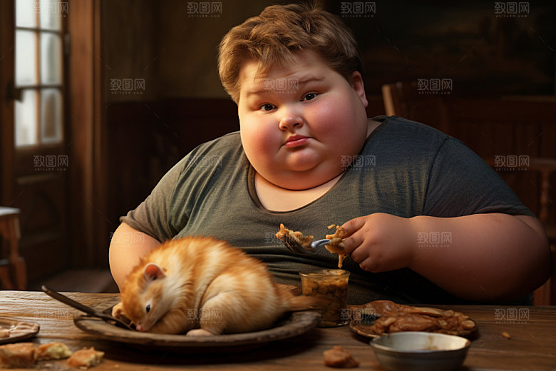胖子吃东西卡通不健康饮食插画