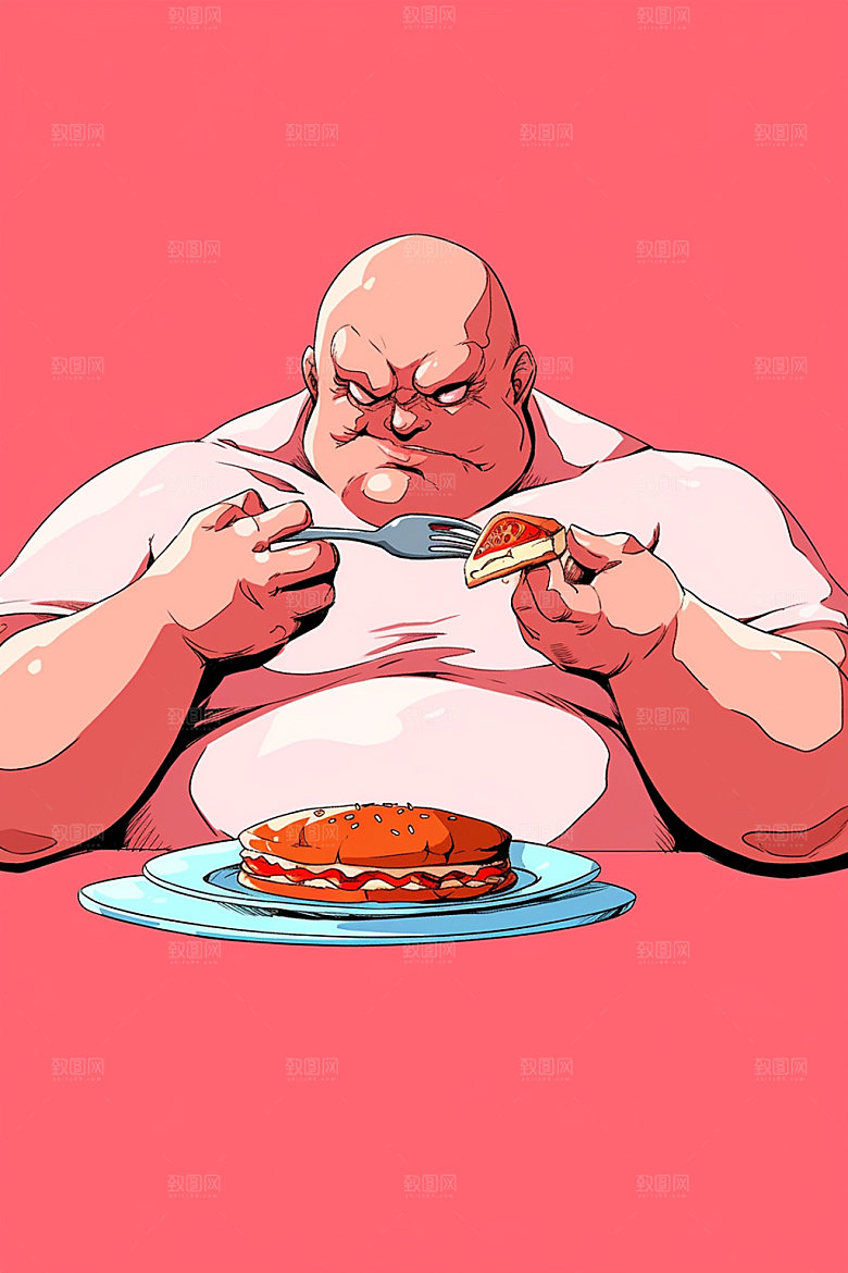 胖子吃东西不健康饮食手绘插画