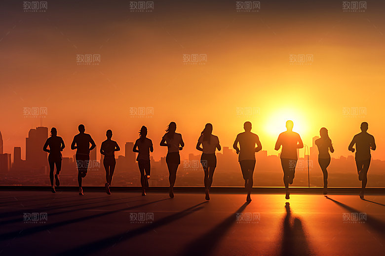 跑步剪影夕阳坚持摄影图