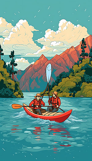 划船探险户外插画