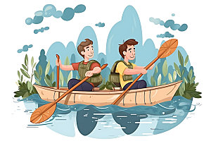 划船野外皮划艇插画