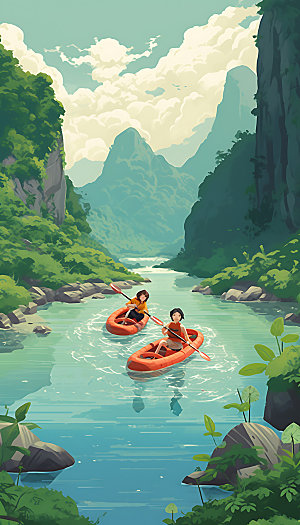 划船探险野外插画