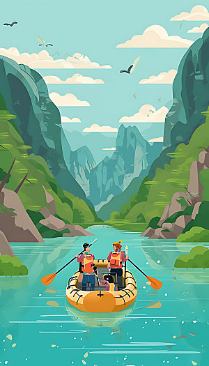 划船漂流艺术插画