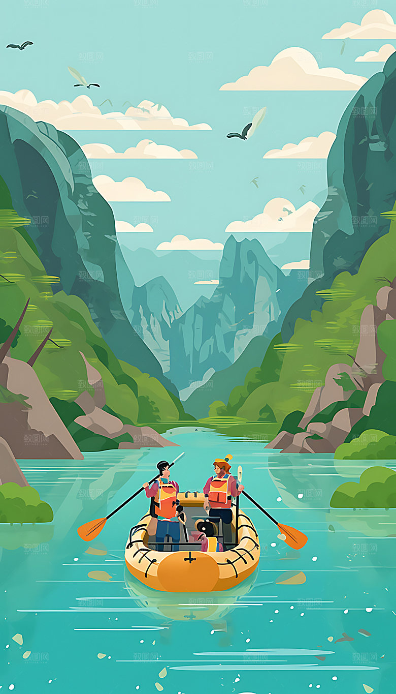 划船漂流艺术插画