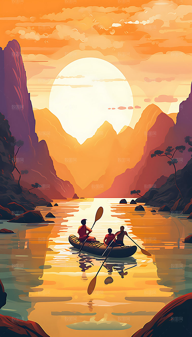 划船户外漂流插画
