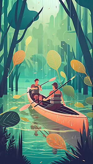 划船野外皮划艇插画