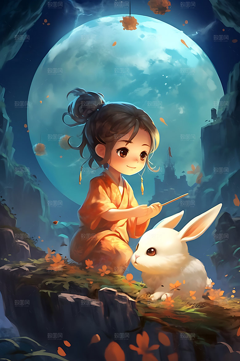 中秋玉兔唯美卡通插画