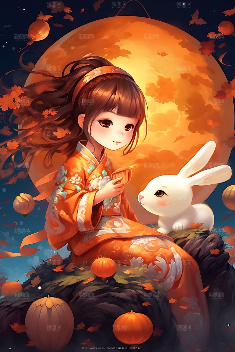 中秋玉兔中国风月圆插画