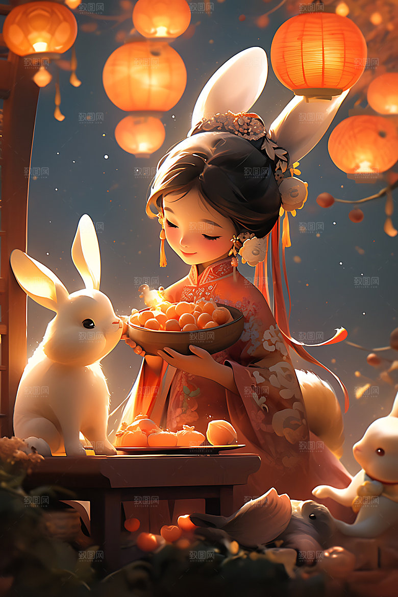 中秋玉兔手绘唯美插画