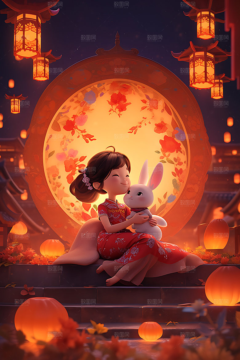 中秋玉兔月圆嫦娥插画