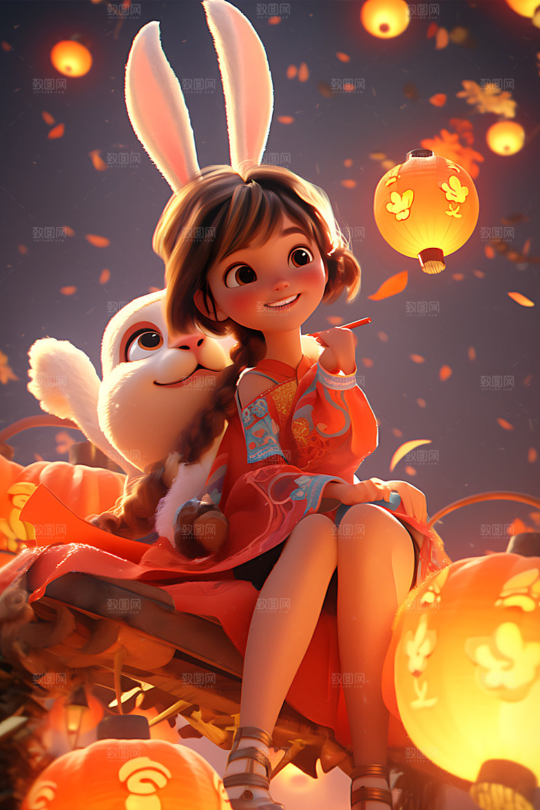 中秋玉兔手绘嫦娥插画