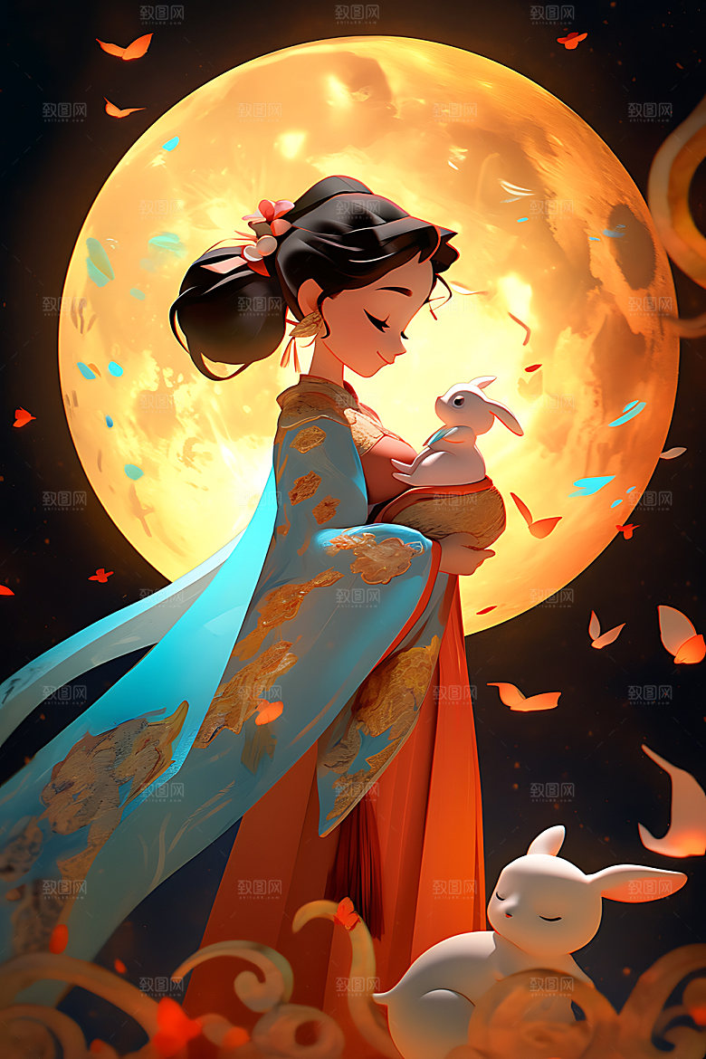 中秋玉兔手绘嫦娥插画