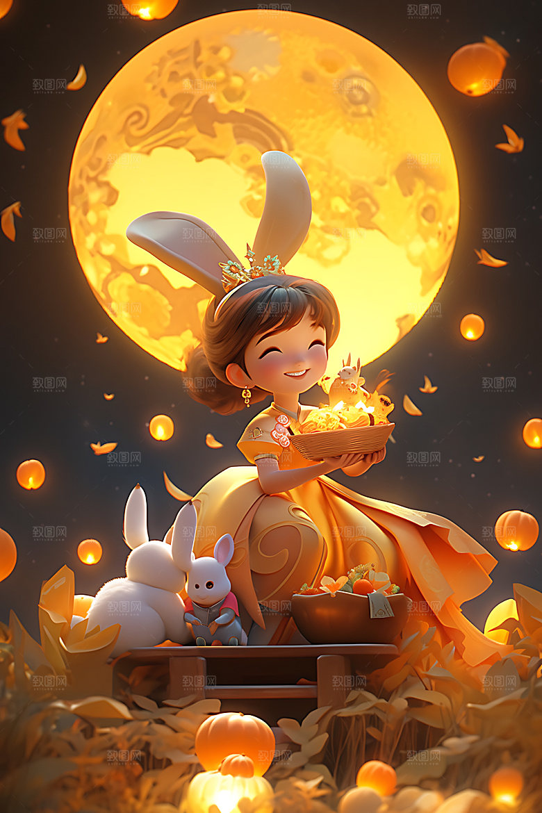 中秋玉兔卡通手绘插画