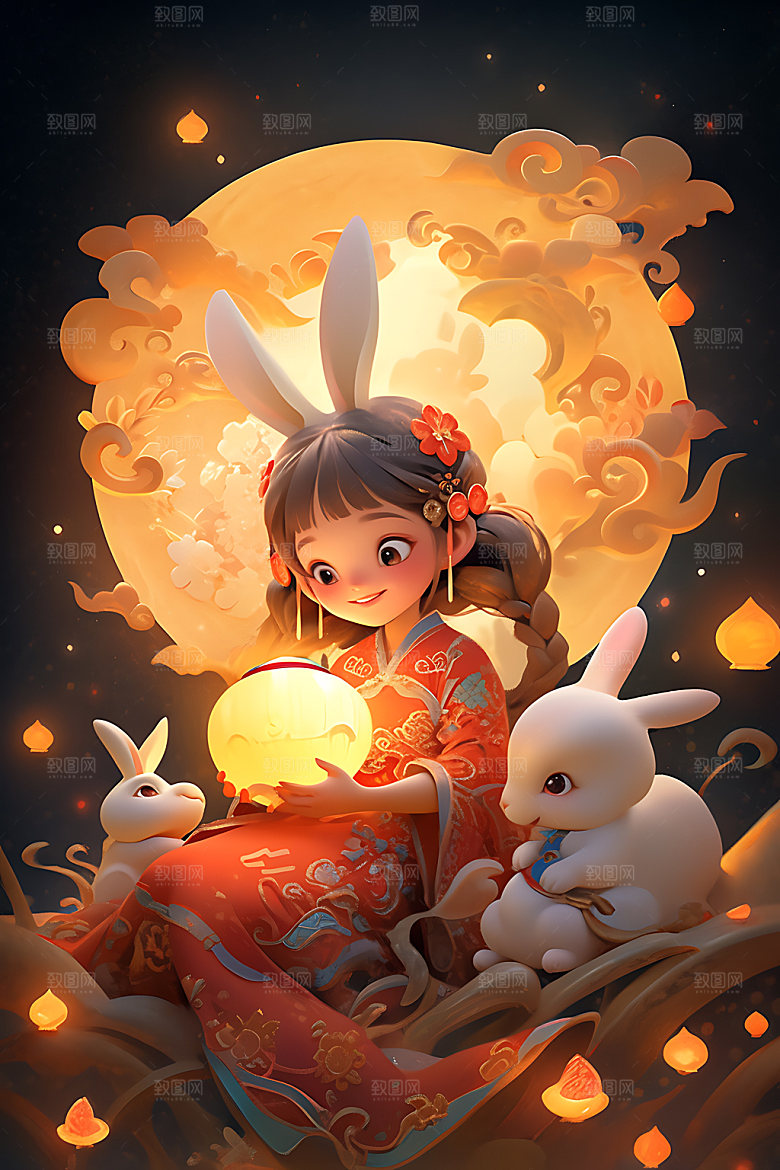 中秋玉兔嫦娥手绘插画