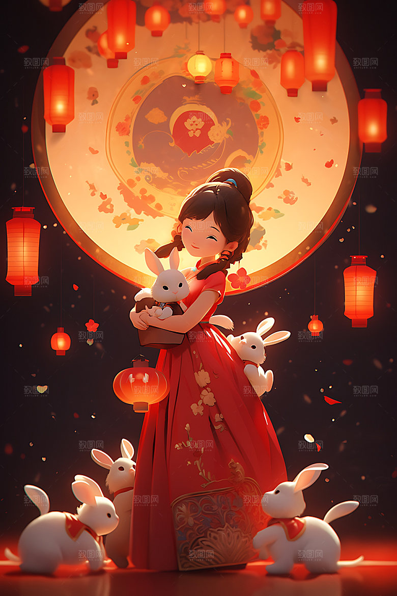 中秋玉兔嫦娥月圆插画