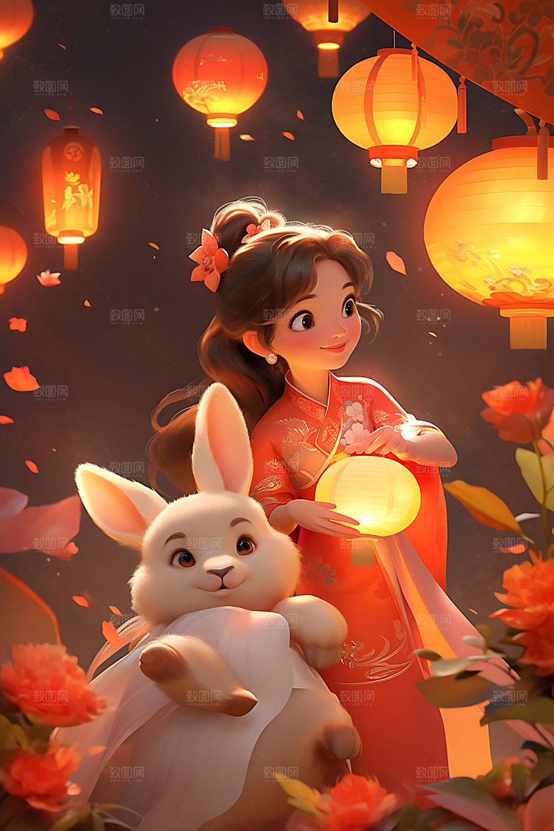 中秋玉兔月圆卡通插画