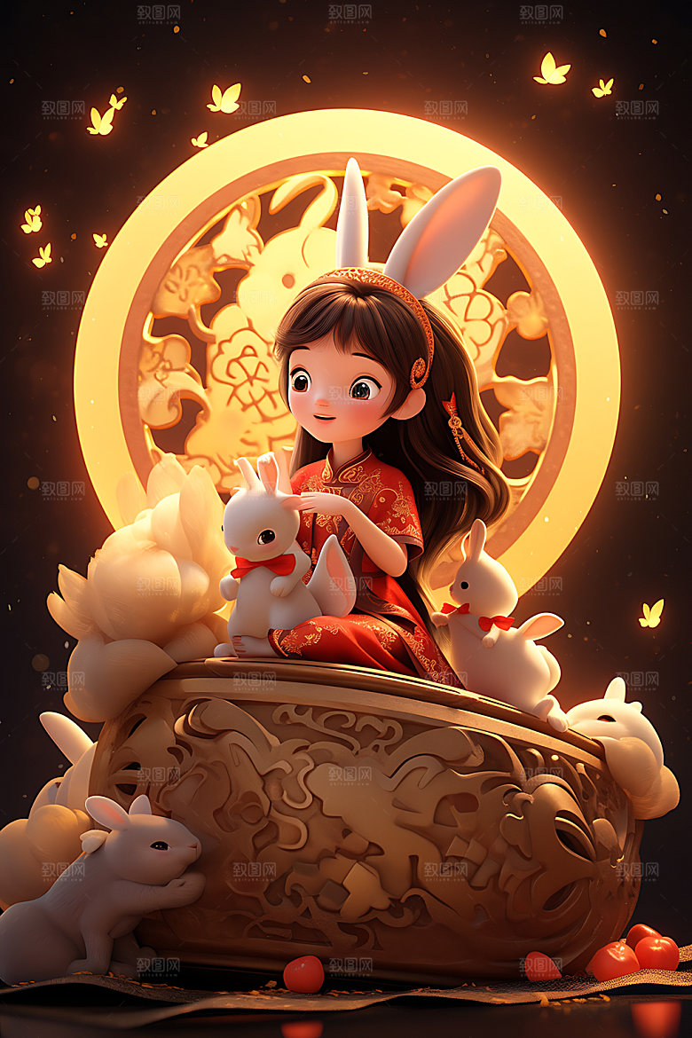 中秋玉兔嫦娥卡通插画