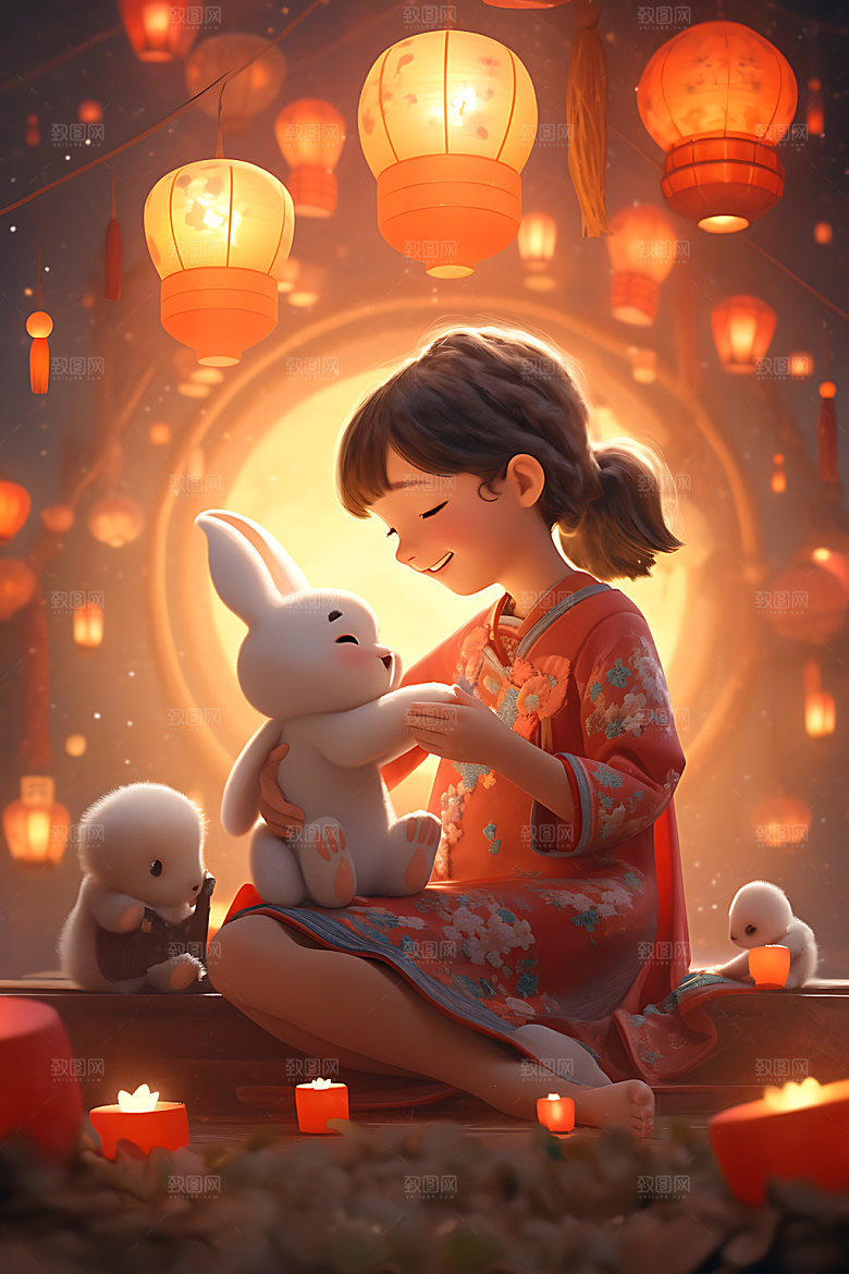 中秋玉兔卡通唯美插画