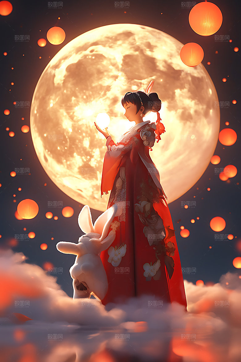 中秋玉兔月圆嫦娥插画