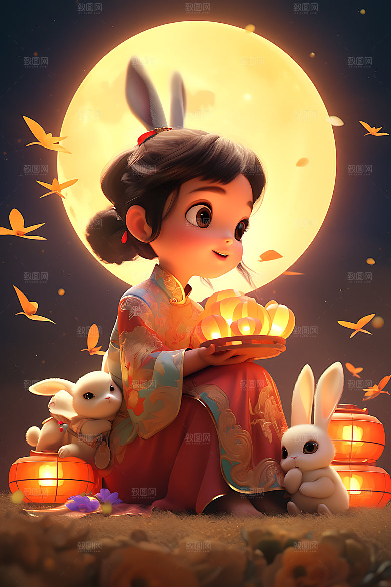 中秋玉兔唯美卡通插画