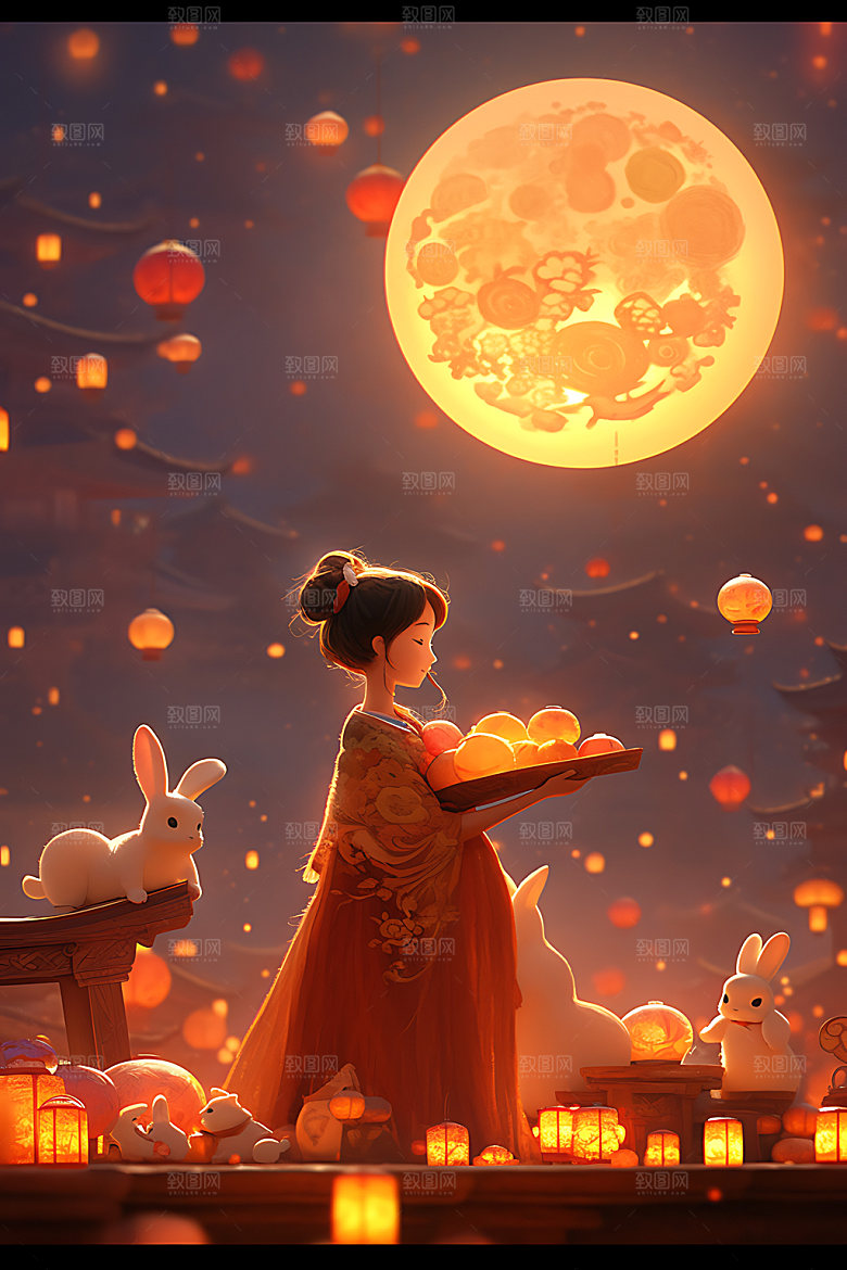 中秋玉兔唯美月圆插画