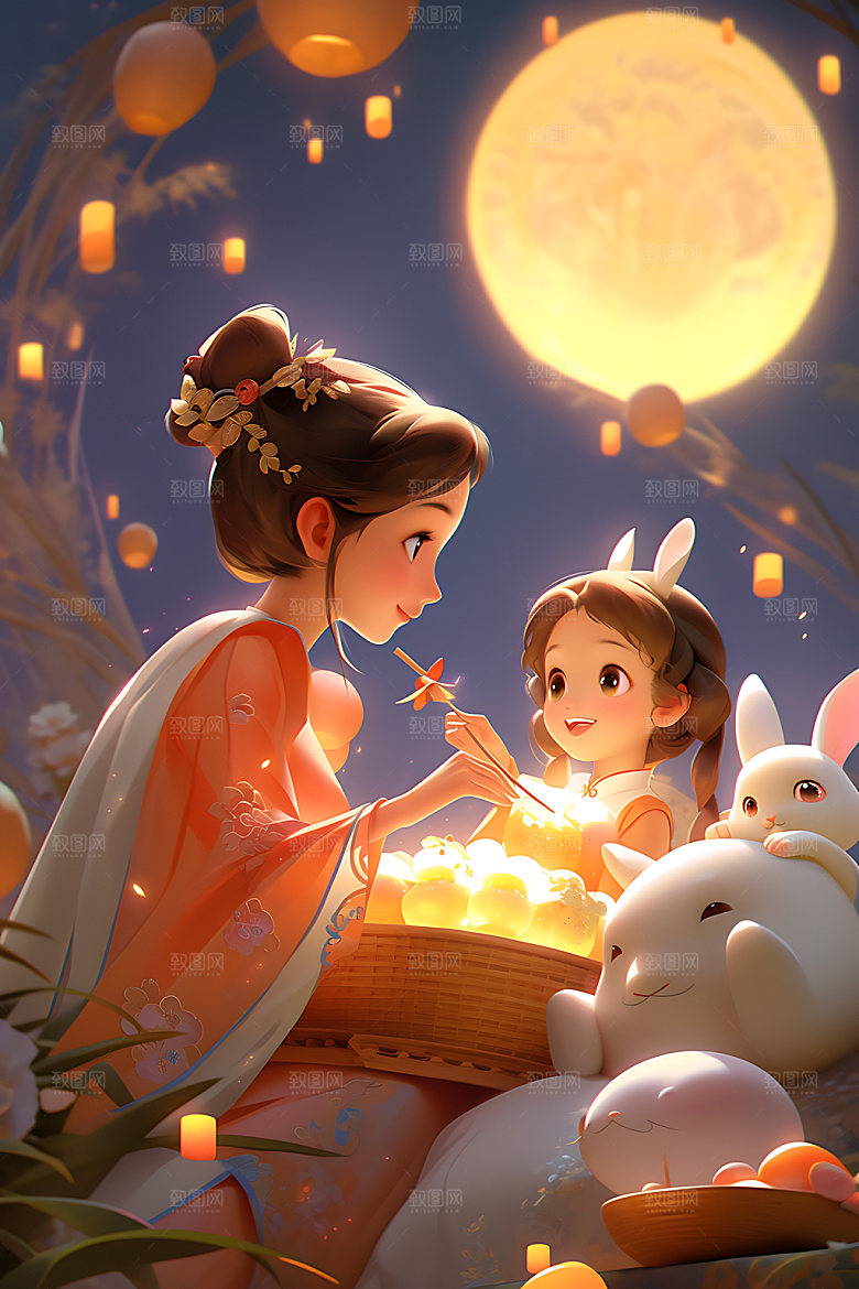 中秋玉兔嫦娥唯美插画