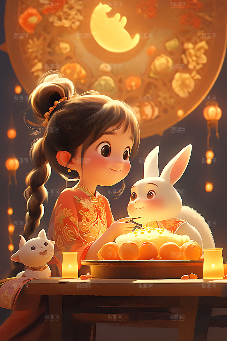 中秋玉兔嫦娥手绘插画
