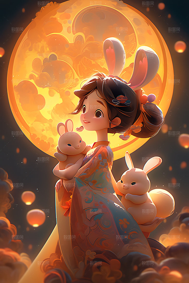 中秋玉兔卡通嫦娥插画