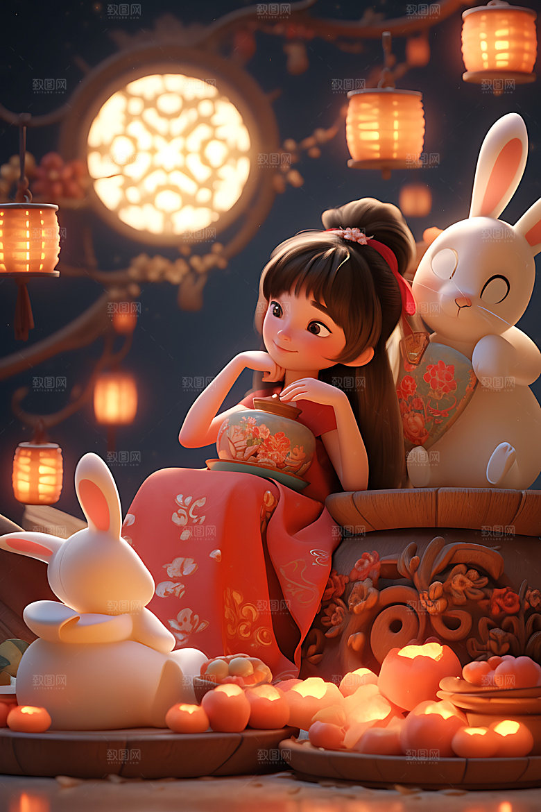 中秋玉兔卡通唯美插画