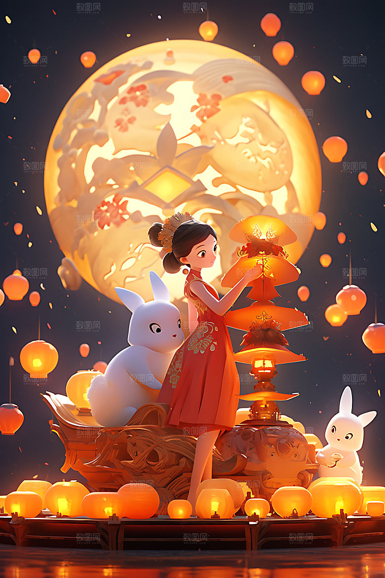 中秋玉兔月圆唯美插画