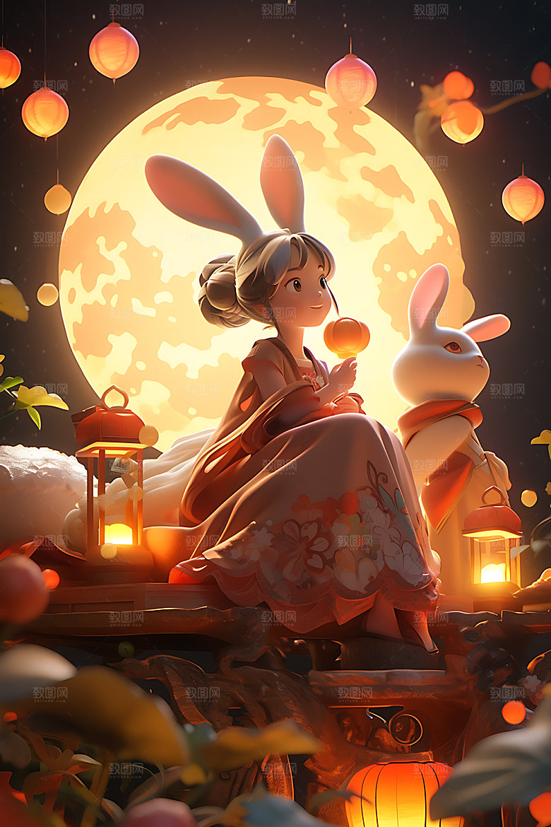 中秋玉兔唯美月圆插画
