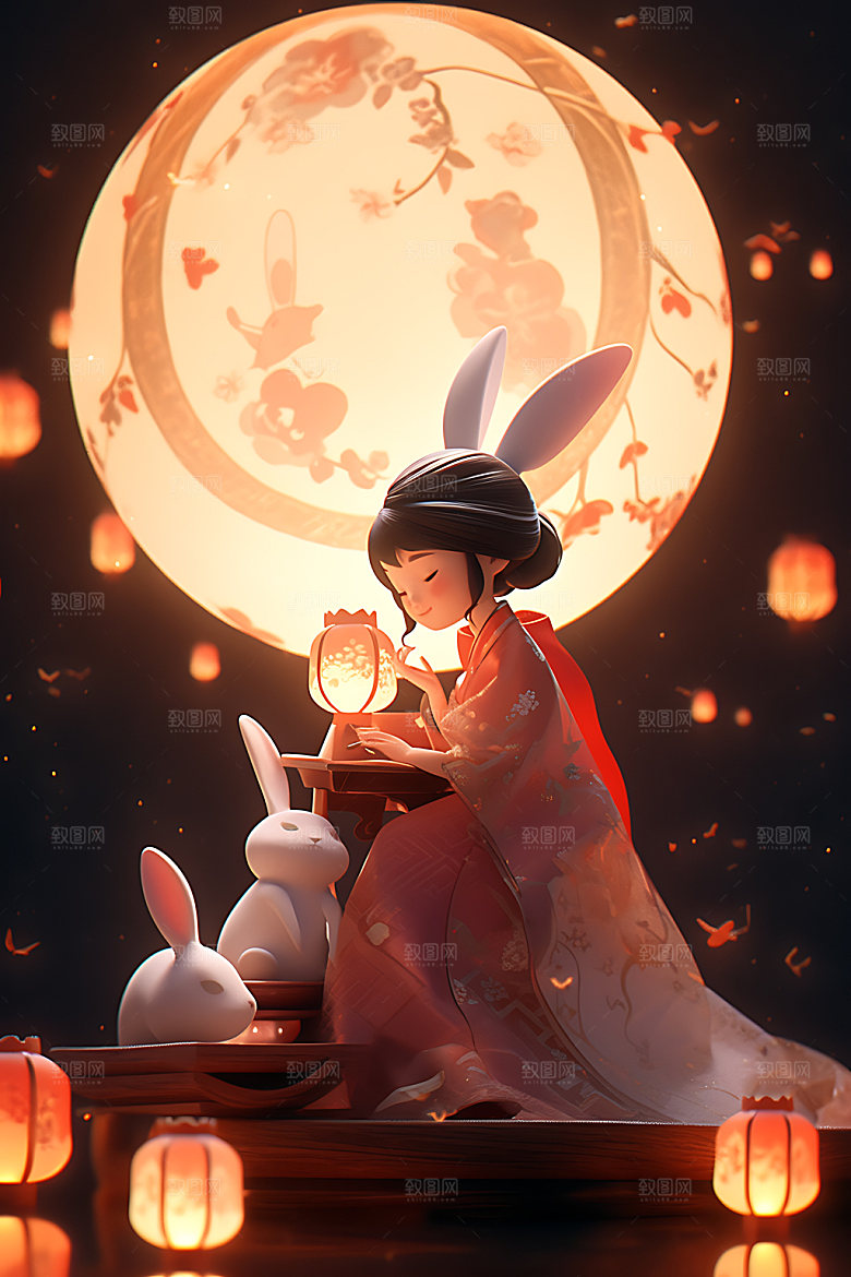 中秋玉兔中国风嫦娥插画